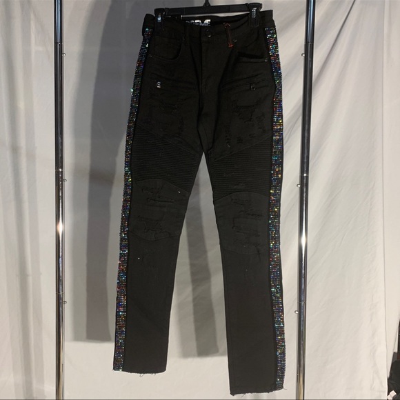 PREME Designer Bedazzled Ripped Black Denim Jeans Streetwear Mens Sizes New - Picture 1 of 6
